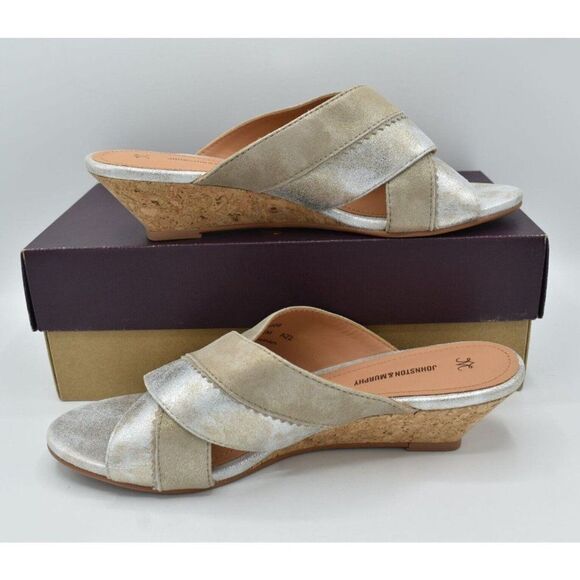 Johnston & Murphy Womens Size 8 Marlena Cross Strap Silver Gold Slip On Sandals